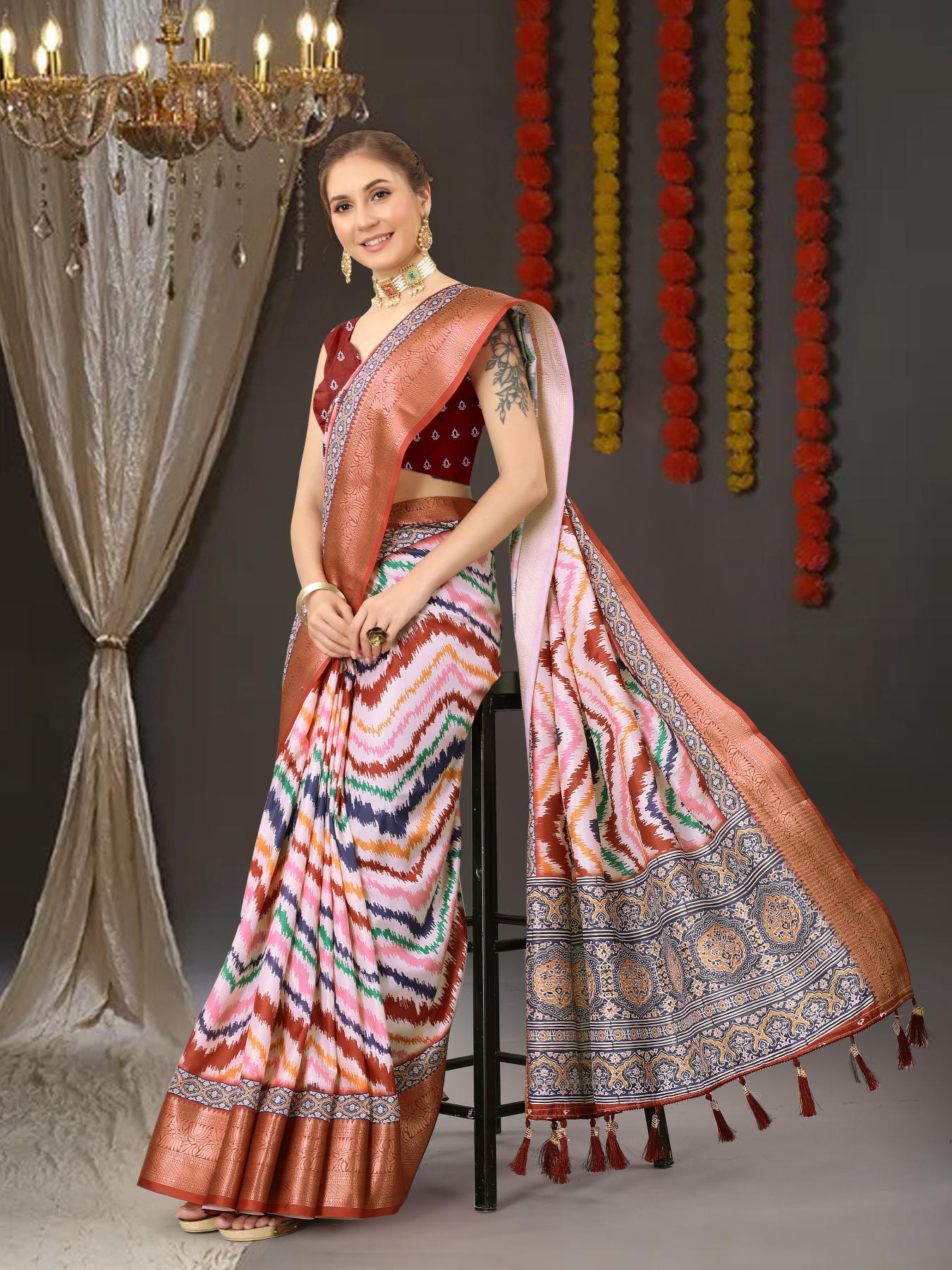 Captivating Brown  Digital Printed Soft Silk Saree With Entrancing Blouse Piece