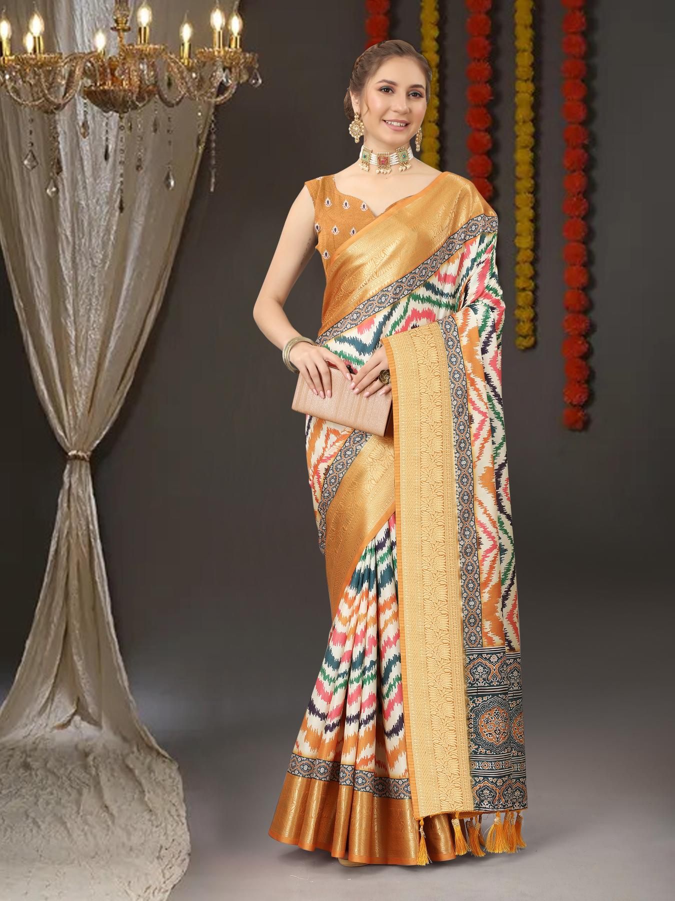 Pleasant Mustard Digital Printed Soft Silk Saree With Mesmeric Blouse Piece