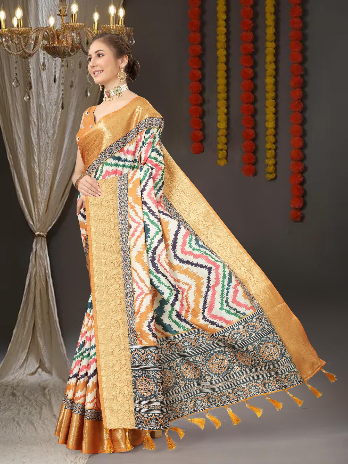 Pleasant Mustard Digital Printed Soft Silk Saree With Mesmeric Blouse Piece