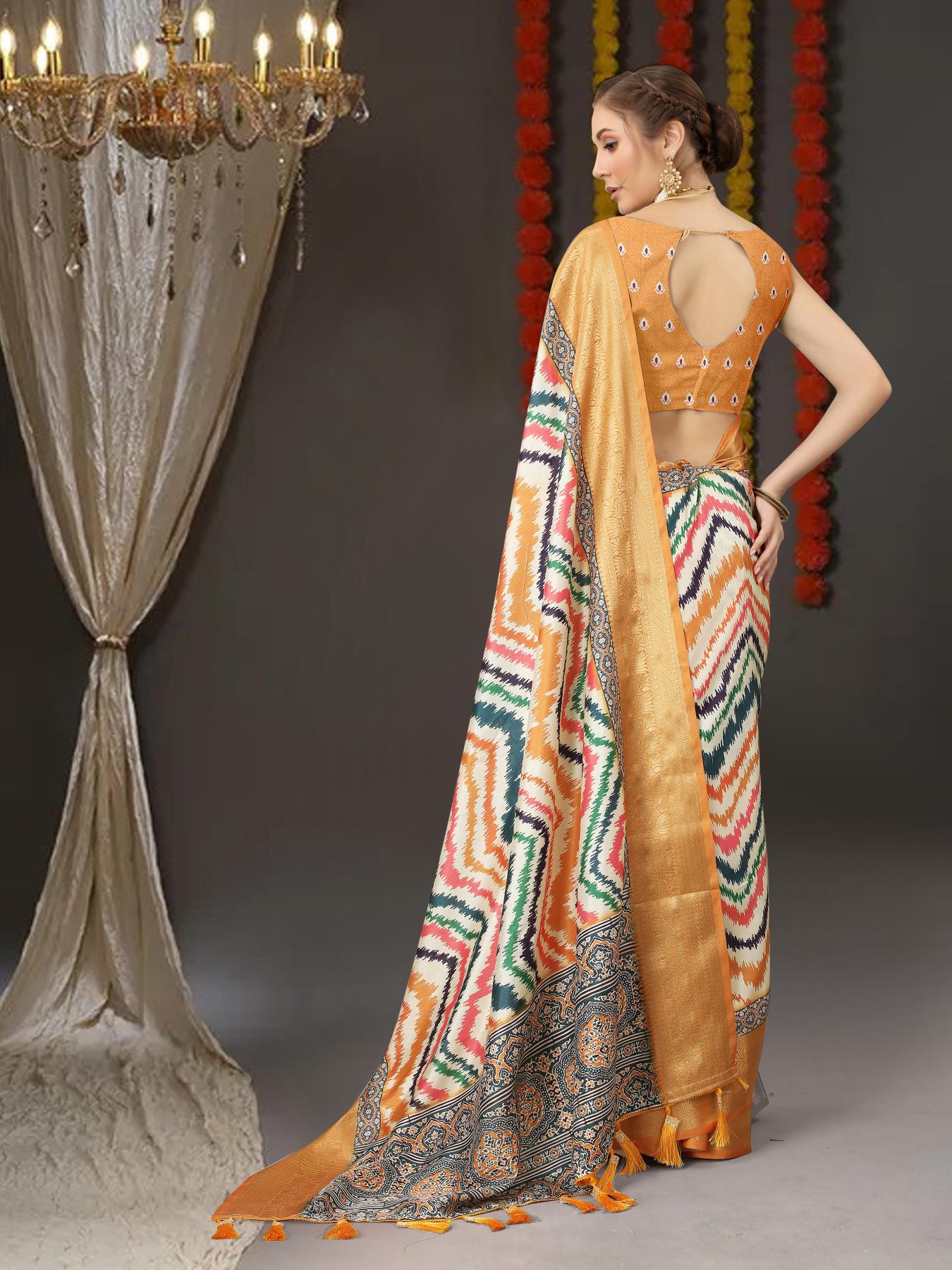 Pleasant Mustard Digital Printed Soft Silk Saree With Mesmeric Blouse Piece