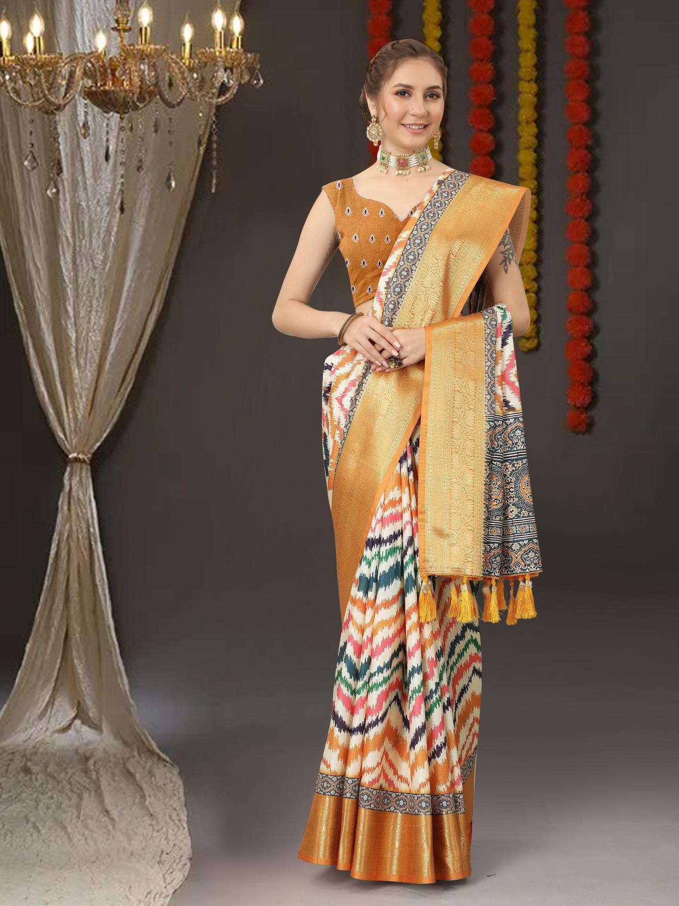 Pleasant Mustard Digital Printed Soft Silk Saree With Mesmeric Blouse Piece