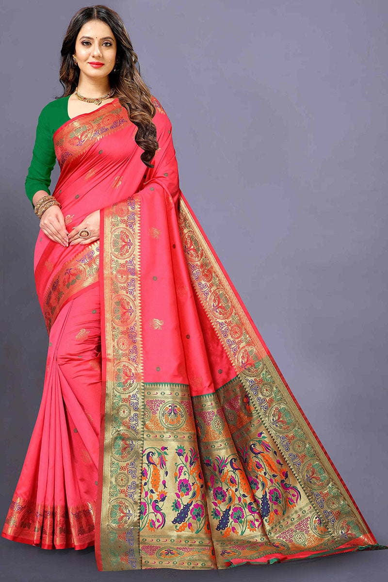 Eloquence Pink Paithani Silk Saree With Ailurophile Blouse Piece