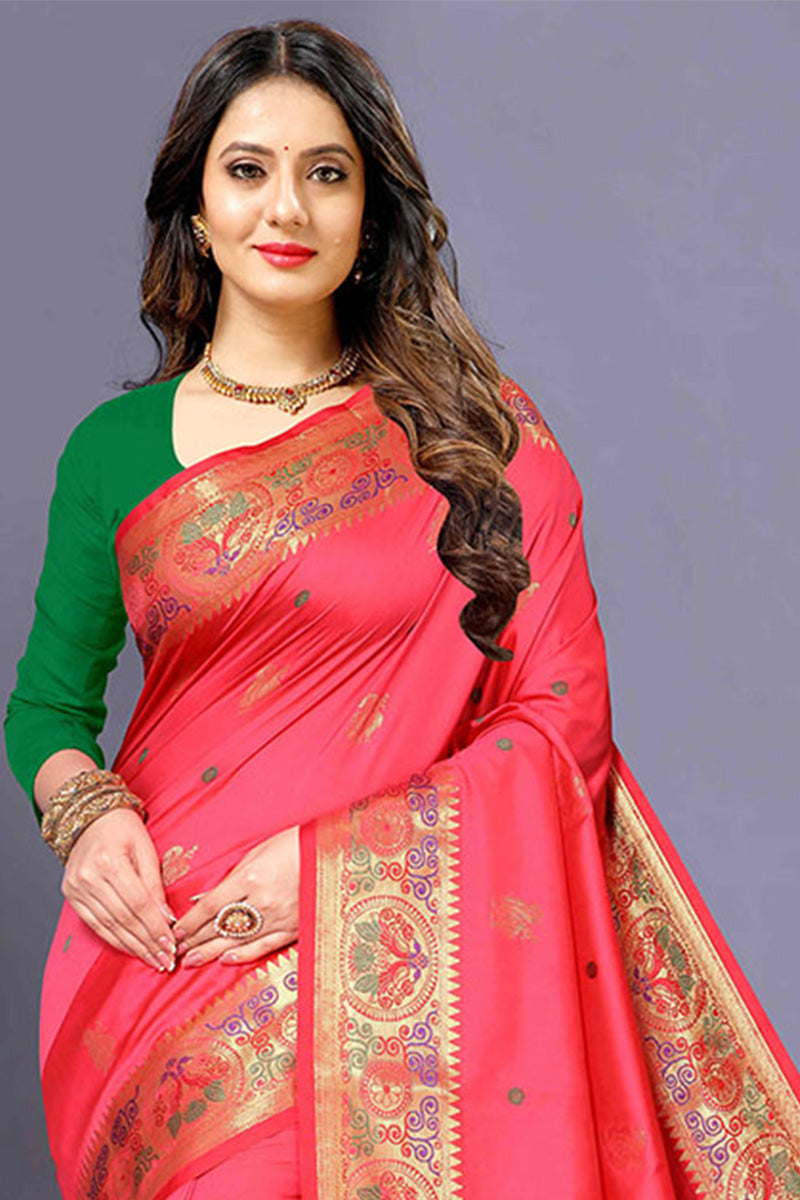 Eloquence Pink Paithani Silk Saree With Ailurophile Blouse Piece