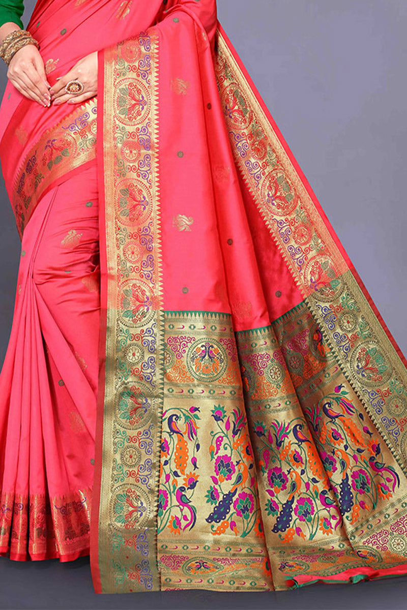 Eloquence Pink Paithani Silk Saree With Ailurophile Blouse Piece