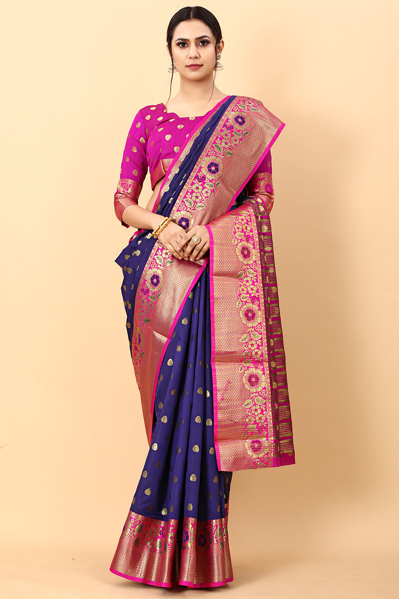 Exquisite Navy Blue Soft Banarasi Silk Saree With Panache Blouse Piece