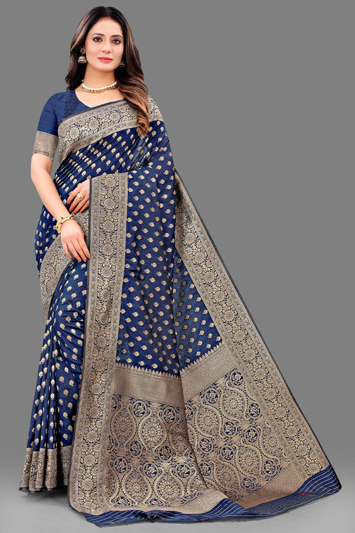 Load image into Gallery viewer, Efflorescence Navy Blue Soft Banarasi Silk Saree With Excellent Blouse Piece
