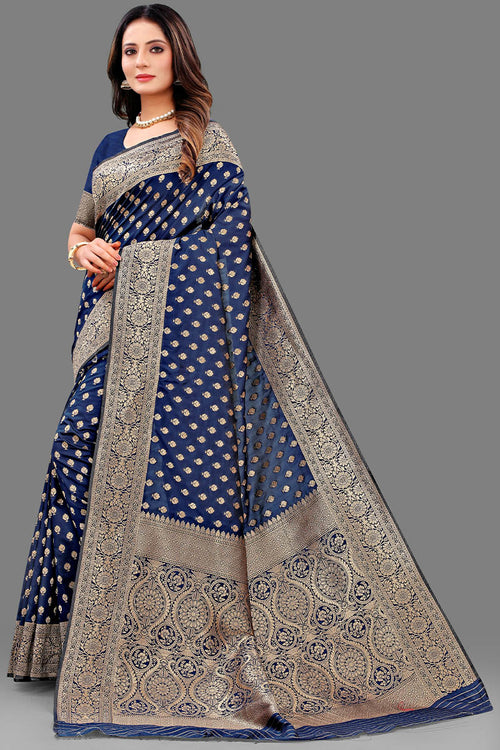 Load image into Gallery viewer, Efflorescence Navy Blue Soft Banarasi Silk Saree With Excellent Blouse Piece
