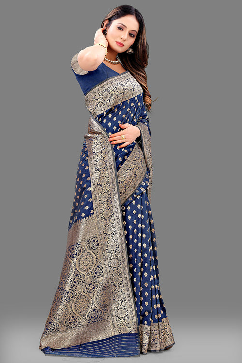 Load image into Gallery viewer, Efflorescence Navy Blue Soft Banarasi Silk Saree With Excellent Blouse Piece
