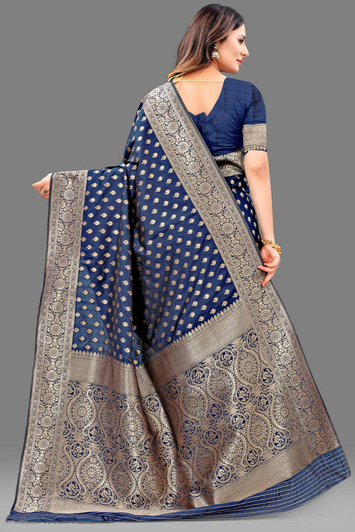 Load image into Gallery viewer, Efflorescence Navy Blue Soft Banarasi Silk Saree With Excellent Blouse Piece
