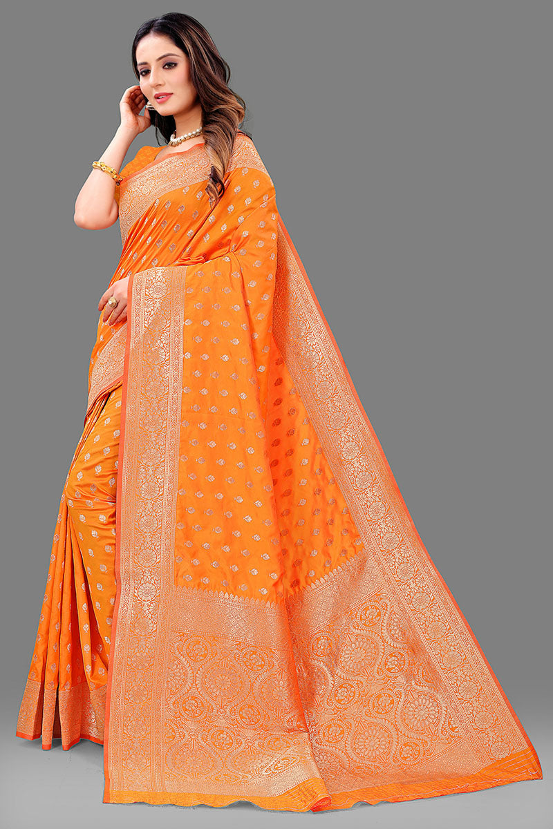 Exquisite Orange Soft Banarasi Silk Saree With Majesty Blouse Piece