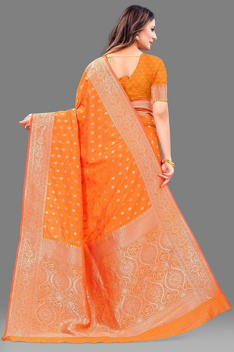 Exquisite Orange Soft Banarasi Silk Saree With Majesty Blouse Piece