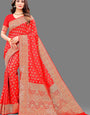 Sensational Red Soft Banarasi Silk Saree With Lovely Blouse Piece