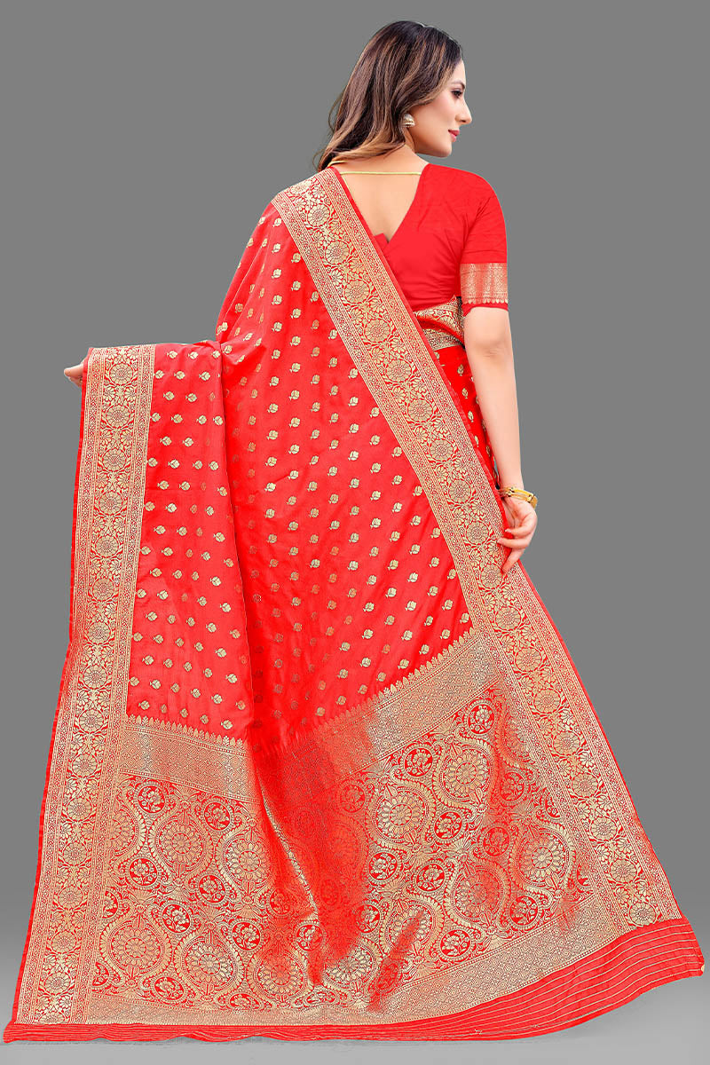 Sensational Red Soft Banarasi Silk Saree With Lovely Blouse Piece