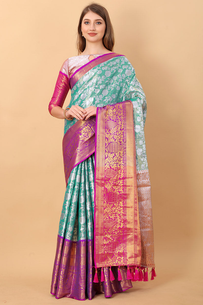 Vestigial Firozi Kanjivaram Silk Saree With Lassitude Blouse Piece