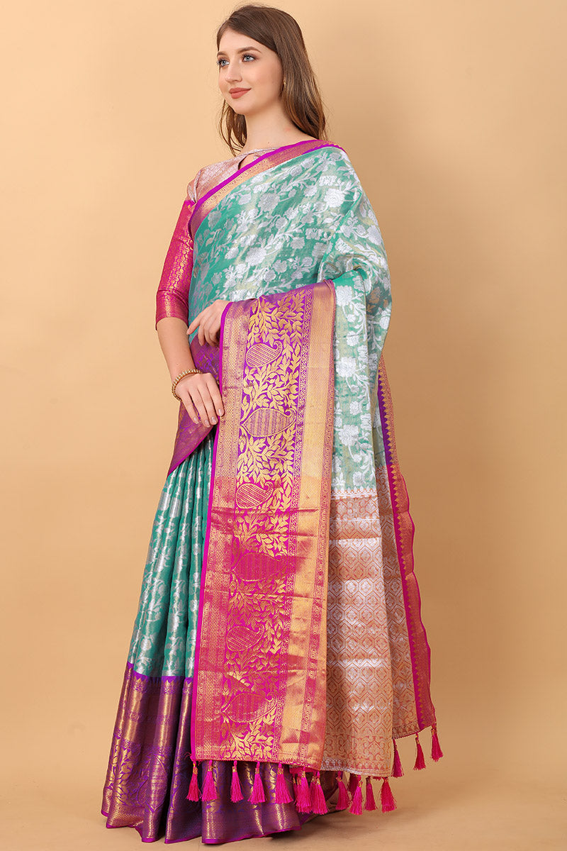 Vestigial Firozi Kanjivaram Silk Saree With Lassitude Blouse Piece