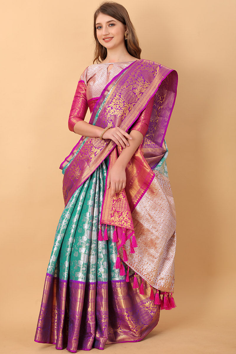 Vestigial Firozi Kanjivaram Silk Saree With Lassitude Blouse Piece