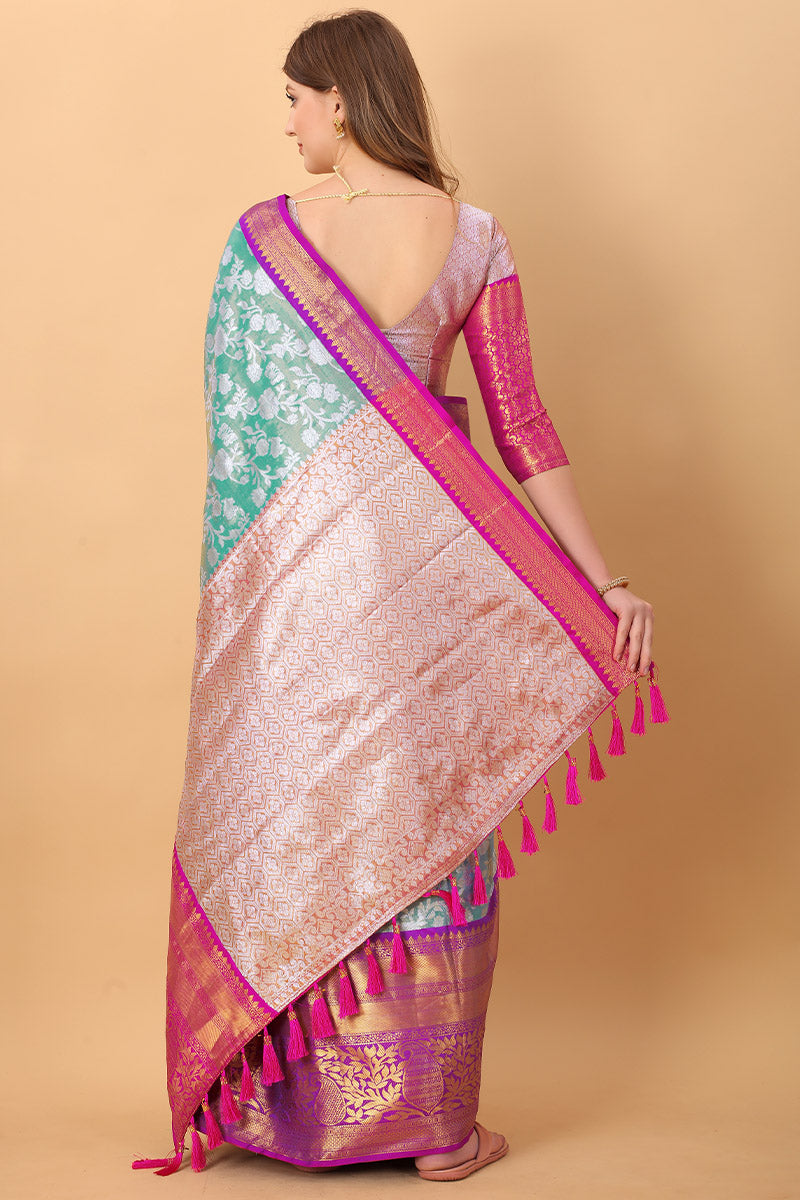 Vestigial Firozi Kanjivaram Silk Saree With Lassitude Blouse Piece