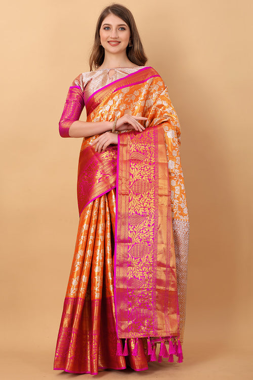 Load image into Gallery viewer, Effervescent Orange Kanjivaram Silk Saree With Redolent Blouse Piece
