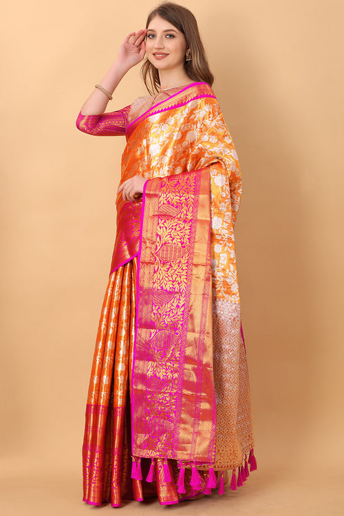 Load image into Gallery viewer, Effervescent Orange Kanjivaram Silk Saree With Redolent Blouse Piece
