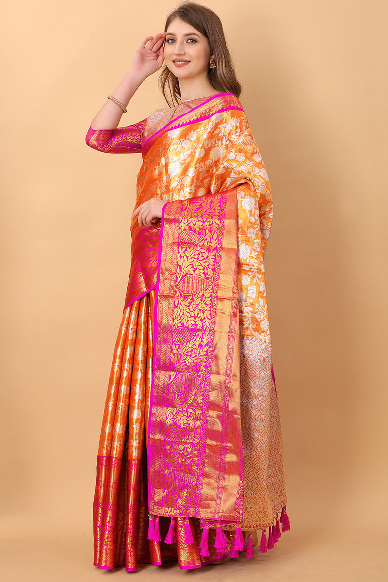 Effervescent Orange Kanjivaram Silk Saree With Redolent Blouse Piece