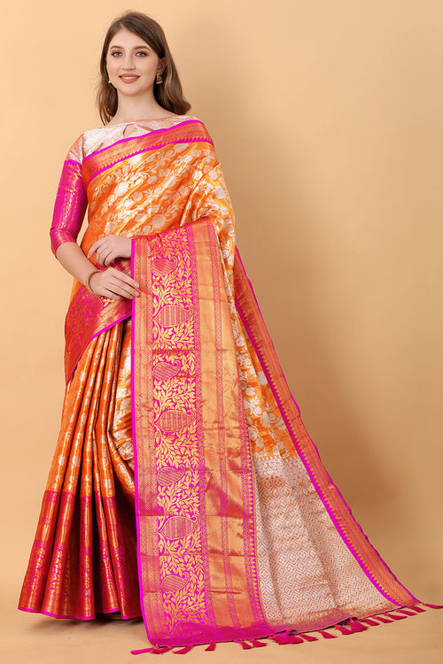 Load image into Gallery viewer, Effervescent Orange Kanjivaram Silk Saree With Redolent Blouse Piece
