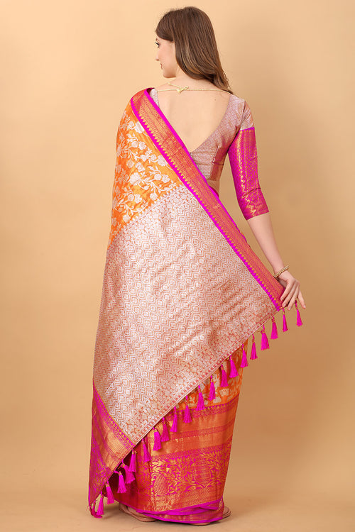 Load image into Gallery viewer, Effervescent Orange Kanjivaram Silk Saree With Redolent Blouse Piece
