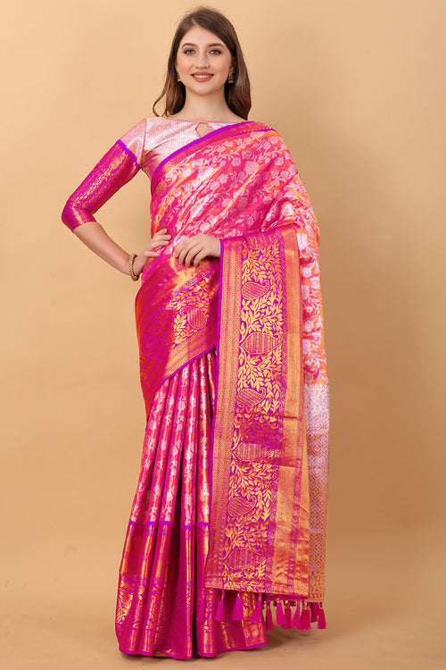 Load image into Gallery viewer, Pleasurable Pink Kanjivaram Silk Saree With Luxuriant Blouse Piece
