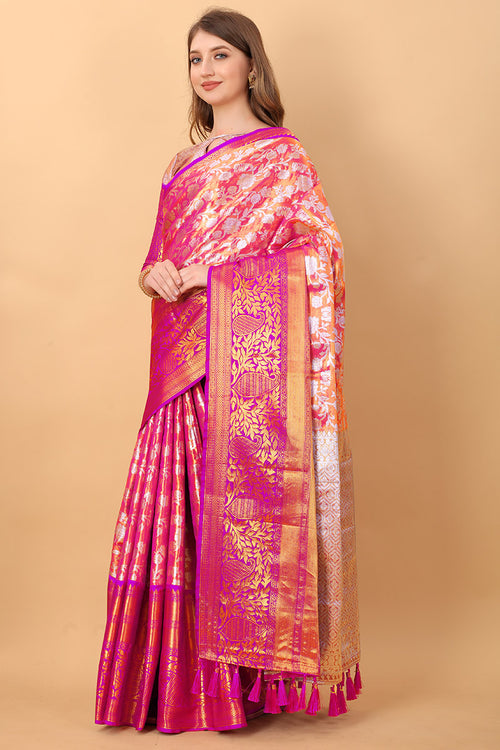 Load image into Gallery viewer, Pleasurable Pink Kanjivaram Silk Saree With Luxuriant Blouse Piece
