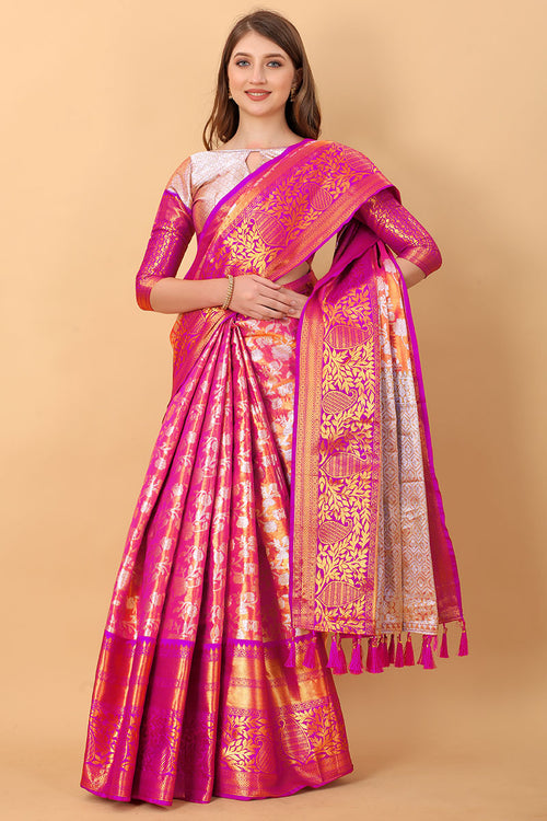 Load image into Gallery viewer, Pleasurable Pink Kanjivaram Silk Saree With Luxuriant Blouse Piece
