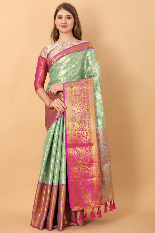 Load image into Gallery viewer, Unequalled Pista Kanjivaram Silk Saree With Scintillating Blouse Piece
