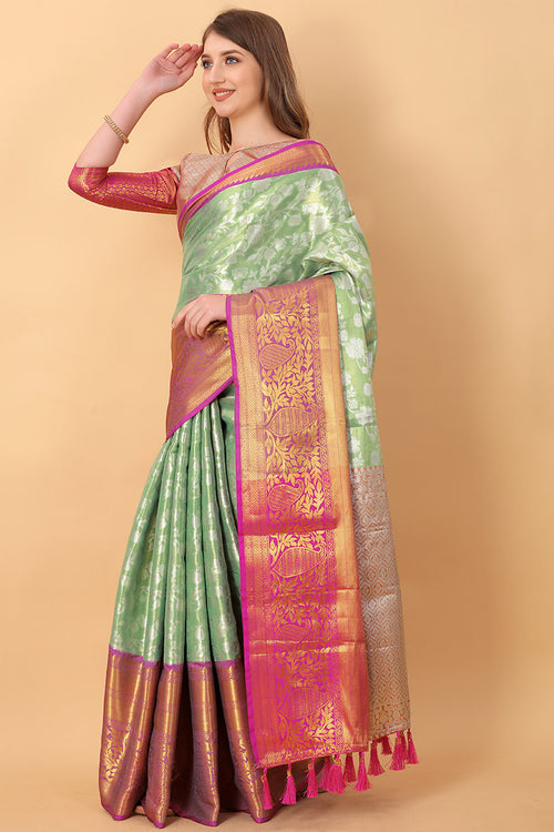 Load image into Gallery viewer, Unequalled Pista Kanjivaram Silk Saree With Scintillating Blouse Piece
