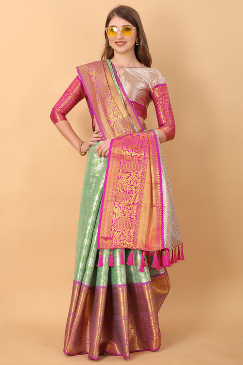 Load image into Gallery viewer, Unequalled Pista Kanjivaram Silk Saree With Scintillating Blouse Piece
