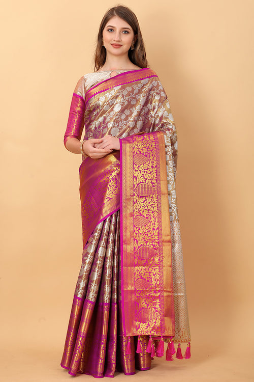 Load image into Gallery viewer, Zephyr Wine Kanjivaram Silk Saree With Ethereal Blouse Piece
