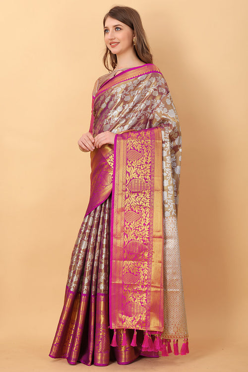 Load image into Gallery viewer, Zephyr Wine Kanjivaram Silk Saree With Ethereal Blouse Piece
