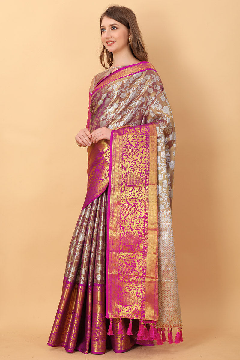 Zephyr Wine Kanjivaram Silk Saree With Ethereal Blouse Piece