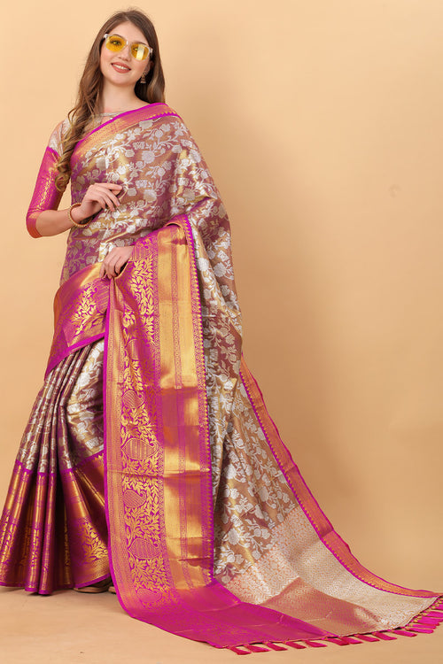 Load image into Gallery viewer, Zephyr Wine Kanjivaram Silk Saree With Ethereal Blouse Piece
