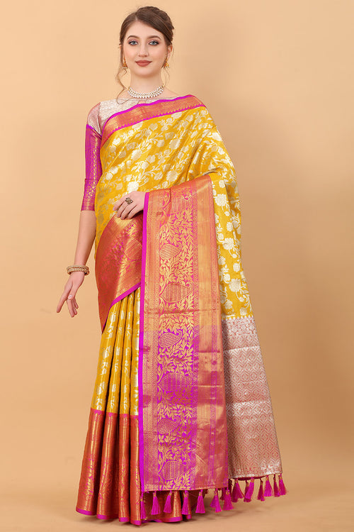 Load image into Gallery viewer, Grandiose Yellow Kanjivaram Silk Saree With Rhapsodic Blouse Piece
