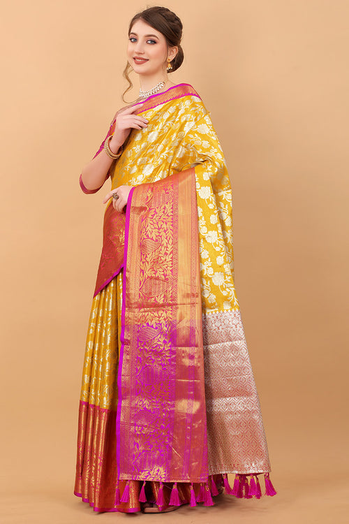 Load image into Gallery viewer, Grandiose Yellow Kanjivaram Silk Saree With Rhapsodic Blouse Piece
