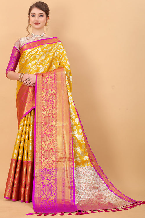 Load image into Gallery viewer, Grandiose Yellow Kanjivaram Silk Saree With Rhapsodic Blouse Piece
