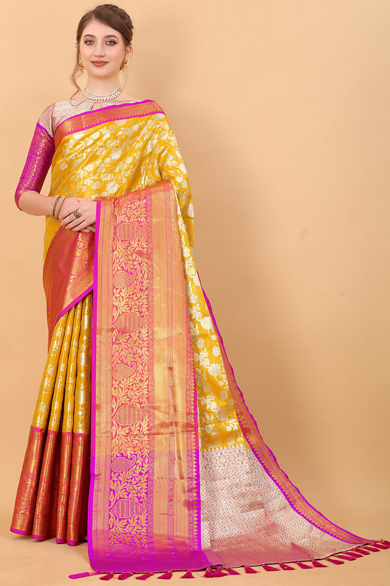 Grandiose Yellow Kanjivaram Silk Saree With Rhapsodic Blouse Piece