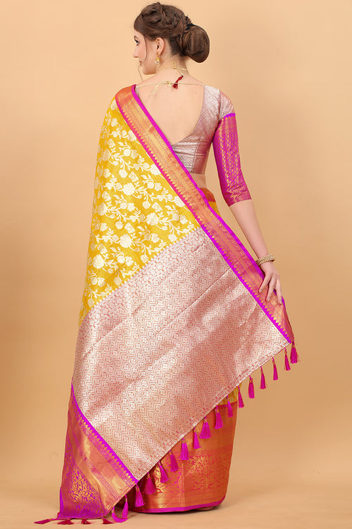 Load image into Gallery viewer, Grandiose Yellow Kanjivaram Silk Saree With Rhapsodic Blouse Piece
