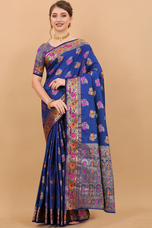 Load image into Gallery viewer, Classy Navy Blue Soft Banarasi Silk Saree With Pretty Blouse Piece
