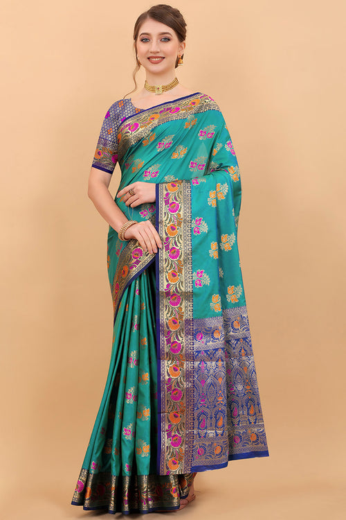 Load image into Gallery viewer, Fancifull Rama Soft Banarasi Silk Saree With Angelic Blouse Piece
