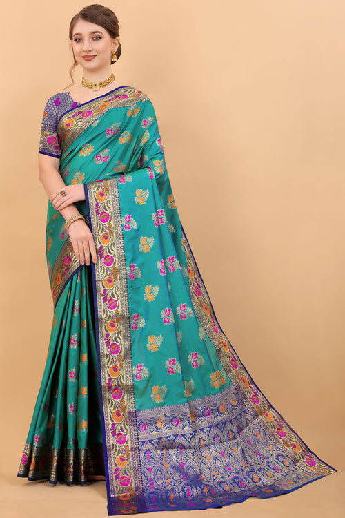 Load image into Gallery viewer, Fancifull Rama Soft Banarasi Silk Saree With Angelic Blouse Piece
