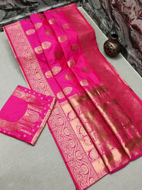 Skinny Dark Pink Banarasi Silk Saree With Smashing Blouse Piece