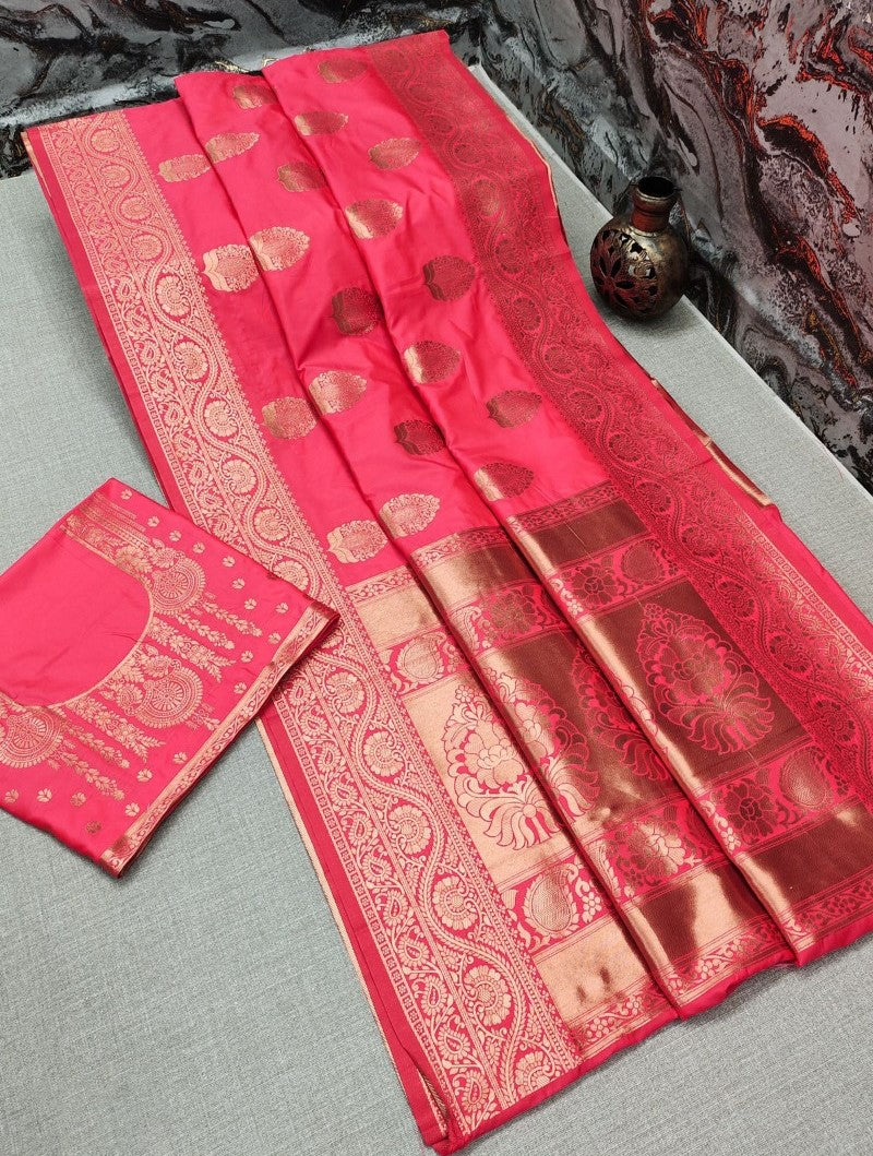 Sizzling Pink Banarasi Silk Saree With Smashing Blouse Piece