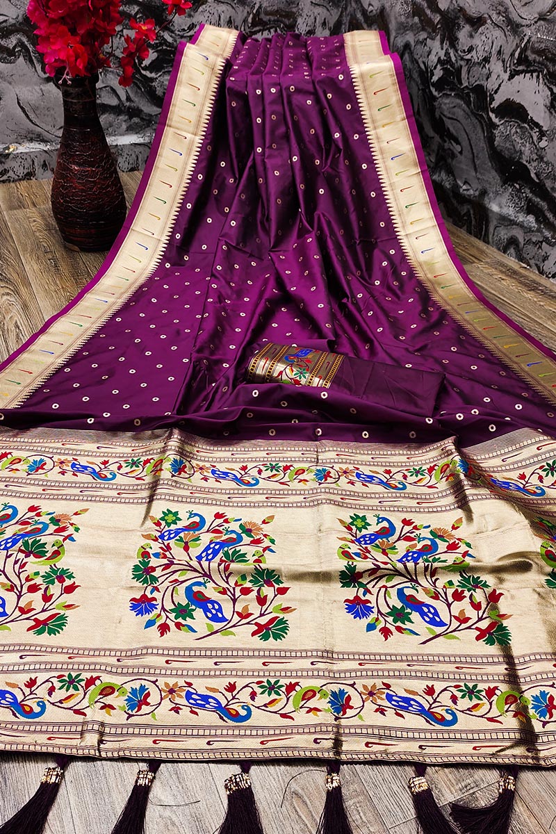 Glowing Purple Paithani Silk Saree With Ethnic Blouse Piece