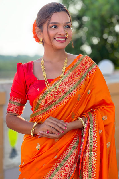 Phenomenal Orange Soft Banarasi Silk Saree With Ideal Blouse Piece