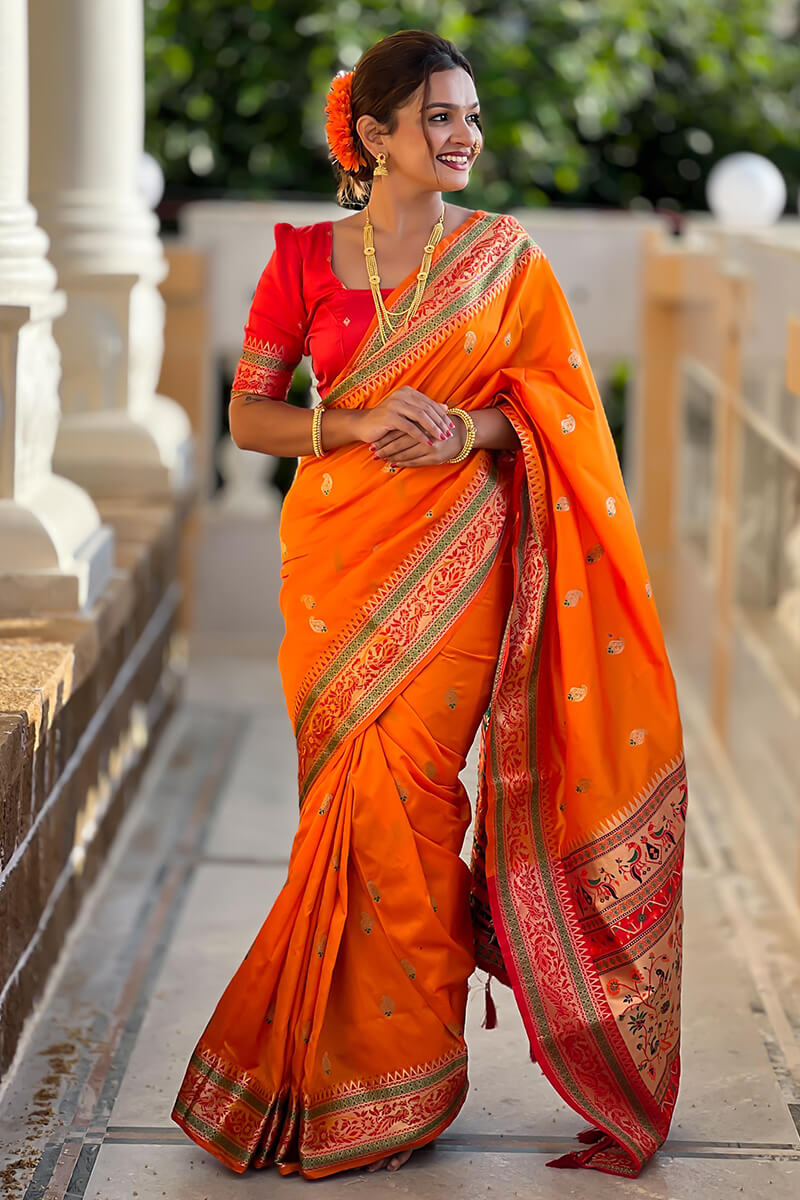 Phenomenal Orange Soft Banarasi Silk Saree With Ideal Blouse Piece