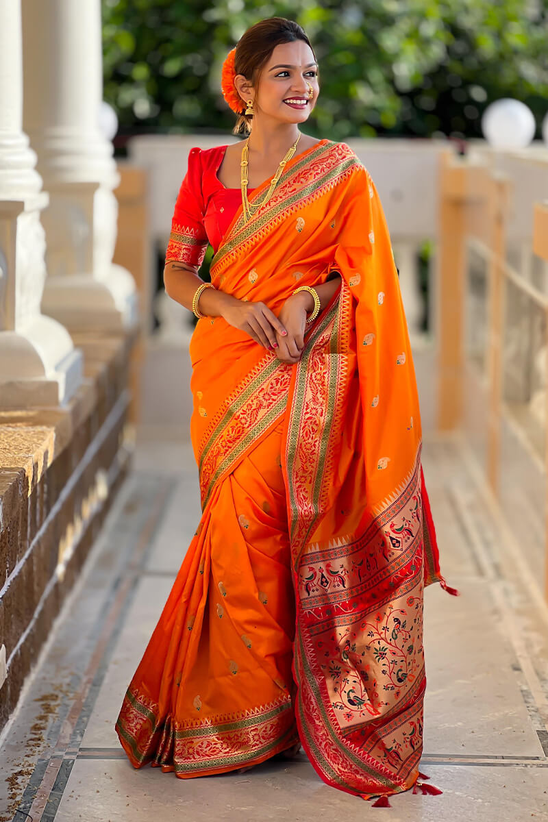 Phenomenal Orange Soft Banarasi Silk Saree With Ideal Blouse Piece